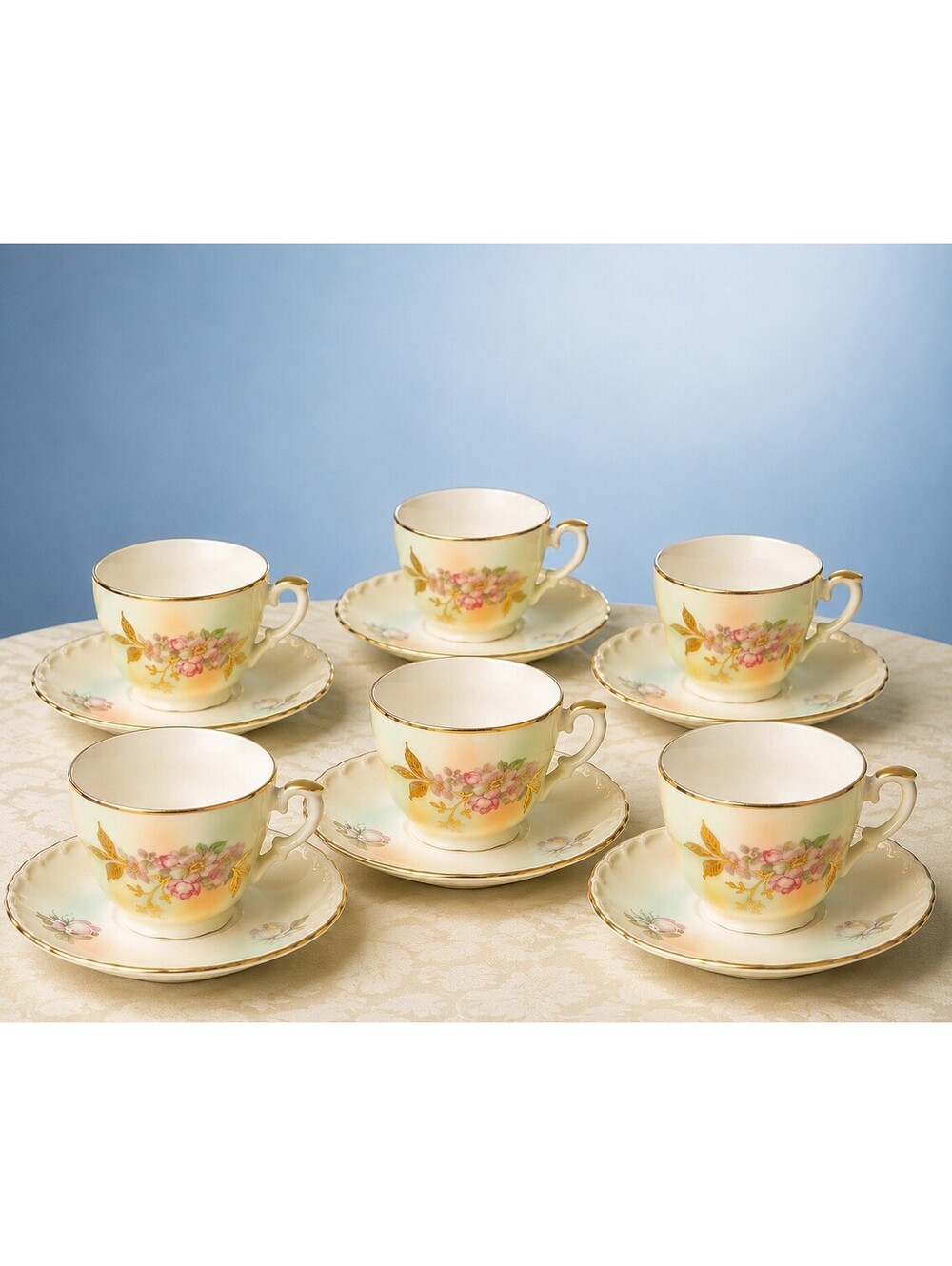 Schumann Arzberg Germany 1930s 6 Demitasse Cup & Saucer Wild Rose Lustre